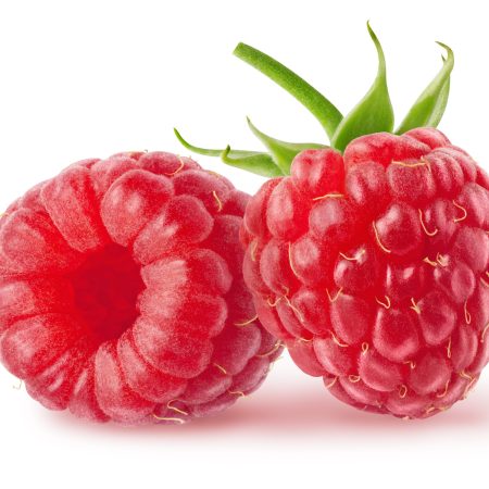 Isolated berries. Two fresh raspberry fruits isolated on white b